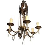 AN EARLY 20TH CENTURY FRENCH METAL AND BRASS GOTHIC REVIVAL SIX CANDLE BRANCH HANGING CHANDELIER