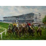 TOM WEAVER, OIL ON BOARD Titled ‘Ascot Paddock Bend’, depicting horse racing, framed, signed by