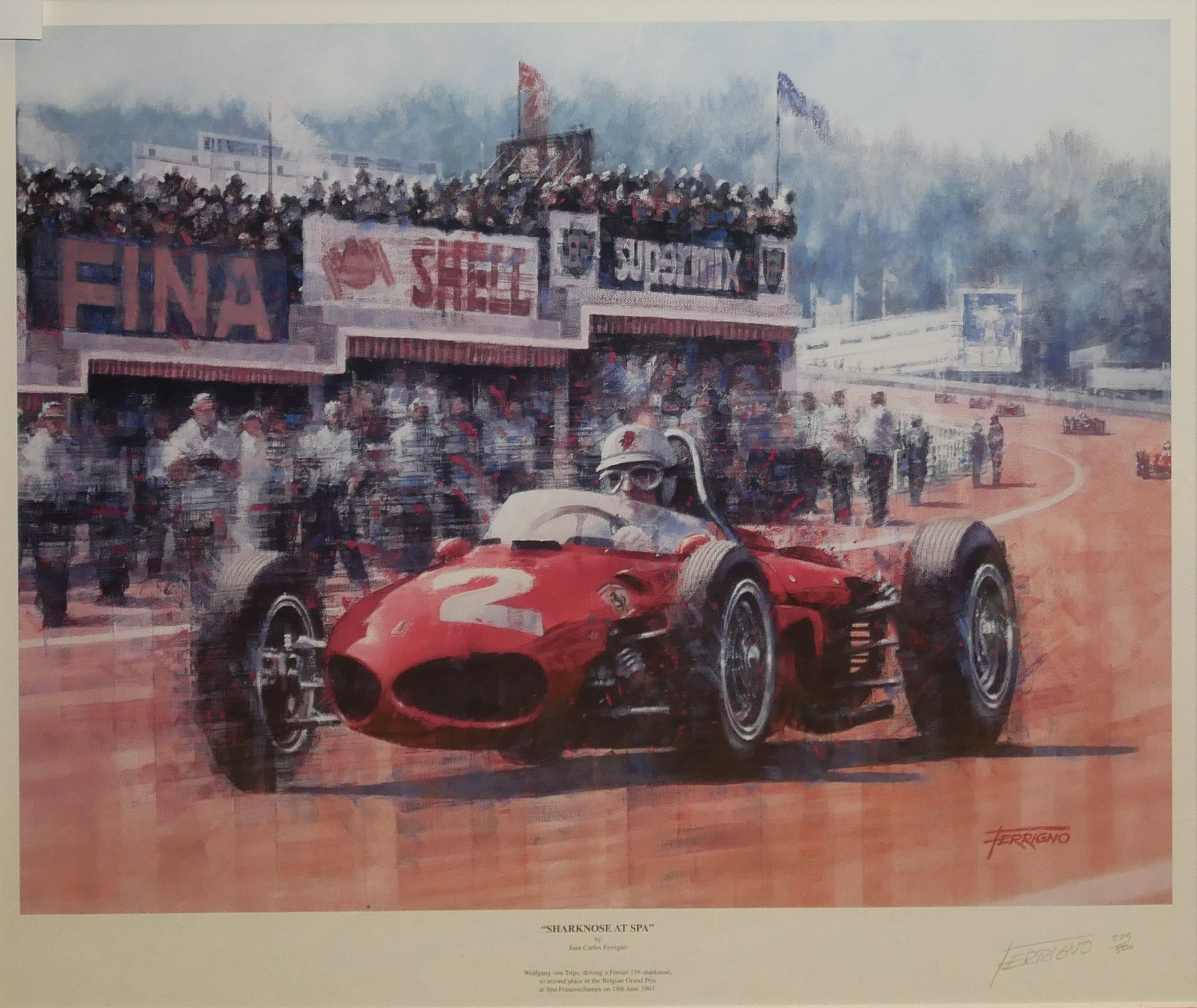 THREE VINTAGE LIMITED EDITION SIGNED MOTOR RACING PRINTS To include Sharknose at Spa by Juan - Image 2 of 6