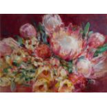 MARION CASTLE, OIL ON BOARD Still life, an arrangement of pink and white flowers, signed lower left,