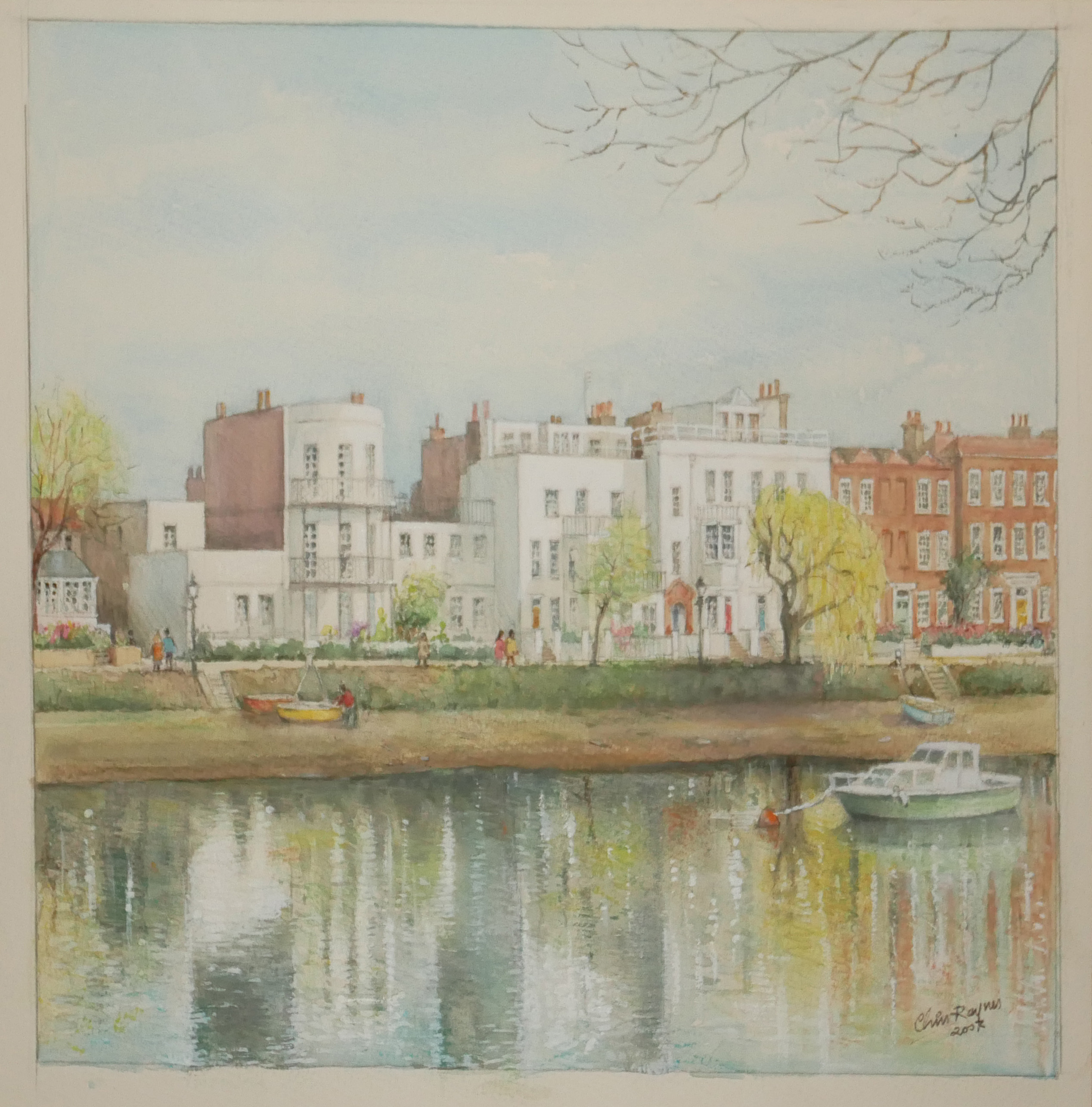 CHRIS RAYNES, THREE ORIGINAL MODERN BRITISH SCHOOL WATERCOLOURS The Thames at Kew, Hammersmith by