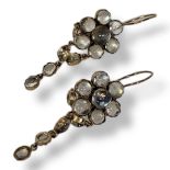 A PAIR OF EARLY 20TH CENTURY 9CT GOLD AND MOONSTONE DROP EARRINGS Having an arrangement of