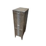 A VINTAGE POLISHED STEEL INDUSTRIAL PEDESTAL CHEST OF TWENTY-ONE DRAWERS. (29cm x 44cm x 99cm)