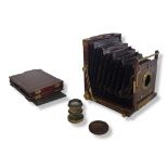 HALF PLATE LARGE FORMAT WOODEN AND BRASS PLATE CAMERA, no makers mark. Ground glass focus screen