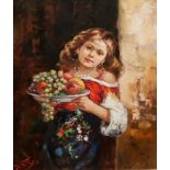 FRANCO RISPOLI, 1921 - 1989, ITALIAN, OIL ON CANVAS Young lady with a bowl of fruit, gilt framed,