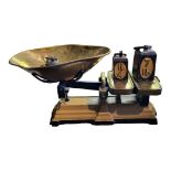 BUSH AND HALL, LATE VICTORIAN CAST IRON, BRASS AND COPPER KITCHEN SCALES With six original cast iron