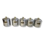 A SET OF FIVE FRENCH ART DECO ALUMINIUM KITCHEN STORAGE JARS AND COVERS Each brass labelled Chicory.