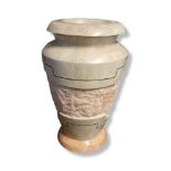 A LATE 20TH CENTURY ORNAMENTAL RECONSTITUTED STONE AND POTTERY GARDEN URN FORMED AS AN ANTIQUE