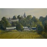 BERT WRIGHT, RSMA, BRITISH, B. 1930, WATERCOLOUR Landscape, an urban farm, signed, framed and