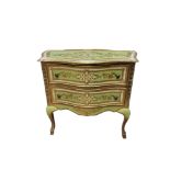 A VENETIAN GILTWOOD AND GREEN PAINTED SERPENTINE CHEST Two long drawers on cabriole legs. (92cm x