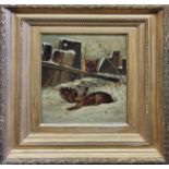 A 19TH CENTURY ENGLISH NOSTALGIC SCHOOL FOX AND GROUP OF TWO RABBITS, OIL ON CANVAS In a winter