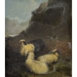 A 19TH CENTURY OIL ON CANVAS Sheep on in a mountainous landscape indistinctly signed, gilt