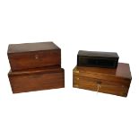A VICTORIAN MAHOGANY AND BRASS RECTANGULAR WRITING SLOPE Brass corners and cartouche, purple