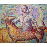 MACPHERSON, 20TH CENTURY OIL ON BOARD Figures with lama, framed. (120cm x 106cm) Condition: good