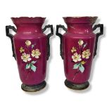 A PAIR OF 19TH CENTURY PARIS FACTORY HARD PASTE PORCELAIN FRENCH EMPIRE STYLE TWIN HANDLED VASES