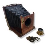 HALF PLATE LARGE FORMAT VIEW CAMERA. Unknown maker. Wood and brass with ROSS rapid symmetrical 8 x 5