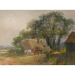 HENRY CHARLES FOX, 1860 - 1923, WATERCOLOUR Landscape, haymaking scene, with figures and horses,