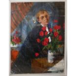 A LARGE 20TH CENTURY OIL ON BOARD, PORTRAIT OF A SEATED MAN With vase of flowers, unsigned, framed