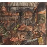PIETRO PSAIER, 1936 - 2004, WATERCOLOUR Interior scene with figures sleeping, mounted, framed and