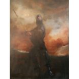 A LIFE SIZE OIL ON CANVAS, PORTRAIT OF NINJA WARRIOR Unsigned, unframed. (138cm x 183cm)