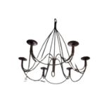 A WROUGHT IRON SIX BRANCH CANDLE HOLDING CHANDELIER. (diameter 88cm x h 92cm) Condition: good