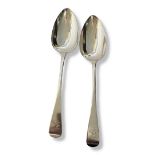 A PAIR OF GEORGIAN SILVER TABLESPOONS,of plain form with engraved family crest of a coronet with