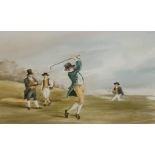 A 20TH CENTURY WATERCOLOR, A VICTORIAN GOLFING SCENE Unsigned, framed and glazed. (w 63cm x h