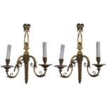 A PAIR OF LATE 19TH CENTURY FRENCH GILDED BRONZE AND BRASS TWIN LIGHT WALL SCONCES Elegant