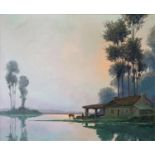 VERDY, 20TH CENTURY OIL ON CANVAS Titled ‘Cottage by a River’, bearing label verso, signed lower