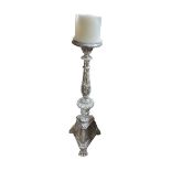 A 17TH CENTURY STYLE CARVED SILVERED WOOD FLOOR STANDING PRICKET CANDLESTICK (104cm) Condition: