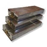 A COLLECTION OF THREE VINTAGE STAINLESS STEEL AND BRASS RECTANGULAR SAFETY DEPOSIT BOXES With hinged