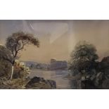 A 19TH CENTURY CONTINENTAL WATERCOLOUR, LANDSCAPE, CLASSICAL RUIN BY A LAKE Unsigned, in a carved