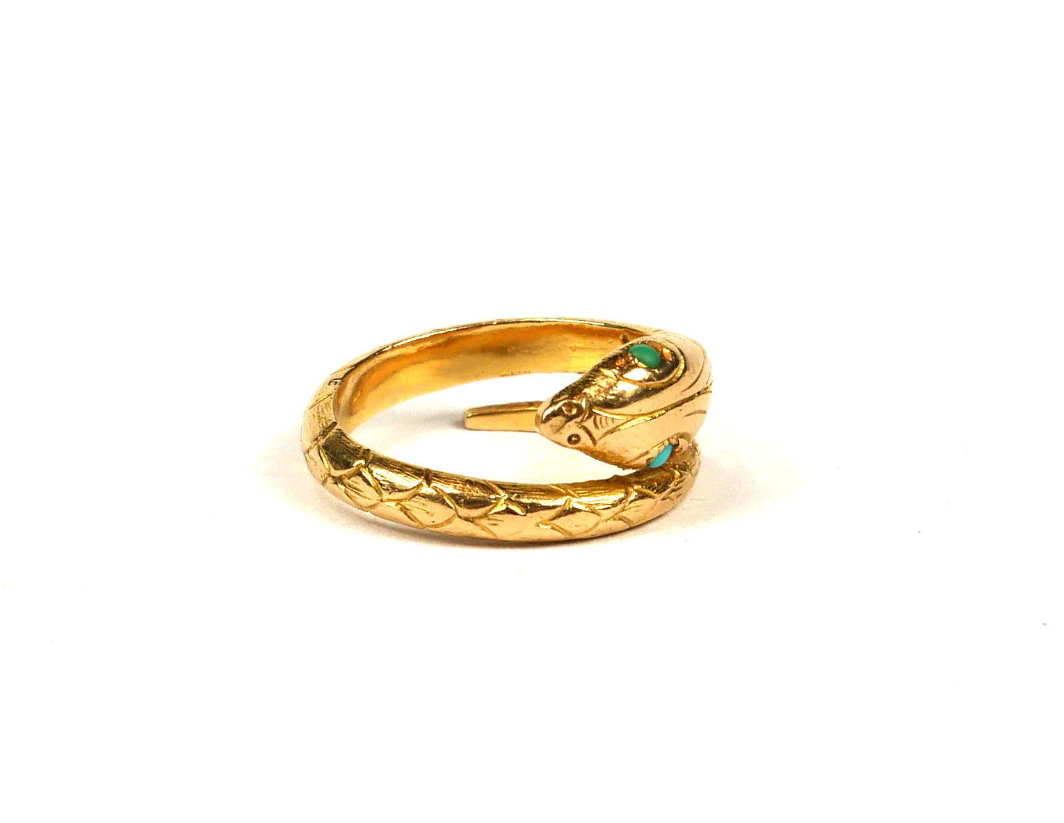 AN EARLY 20TH CENTURY PORTUGUESE 19.2CT GOLD AND TURQUOISE SNAKE BYPASS RING. (UK ring size L, gross - Image 2 of 7