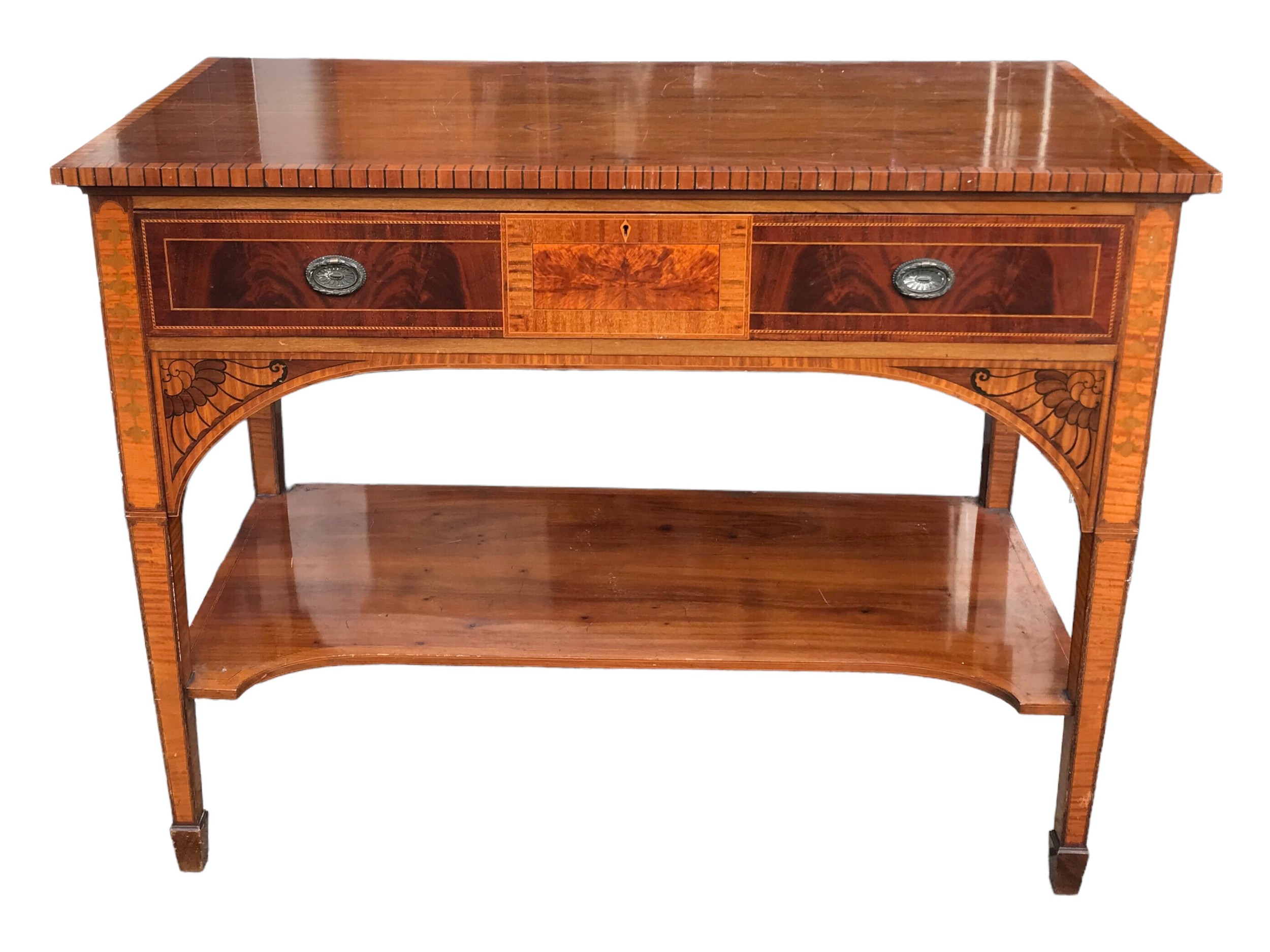 A 19TH CENTURY SHERATON REVIVAL MAHOGANY AND INLAY SERVING TABLE With a single drawer above a