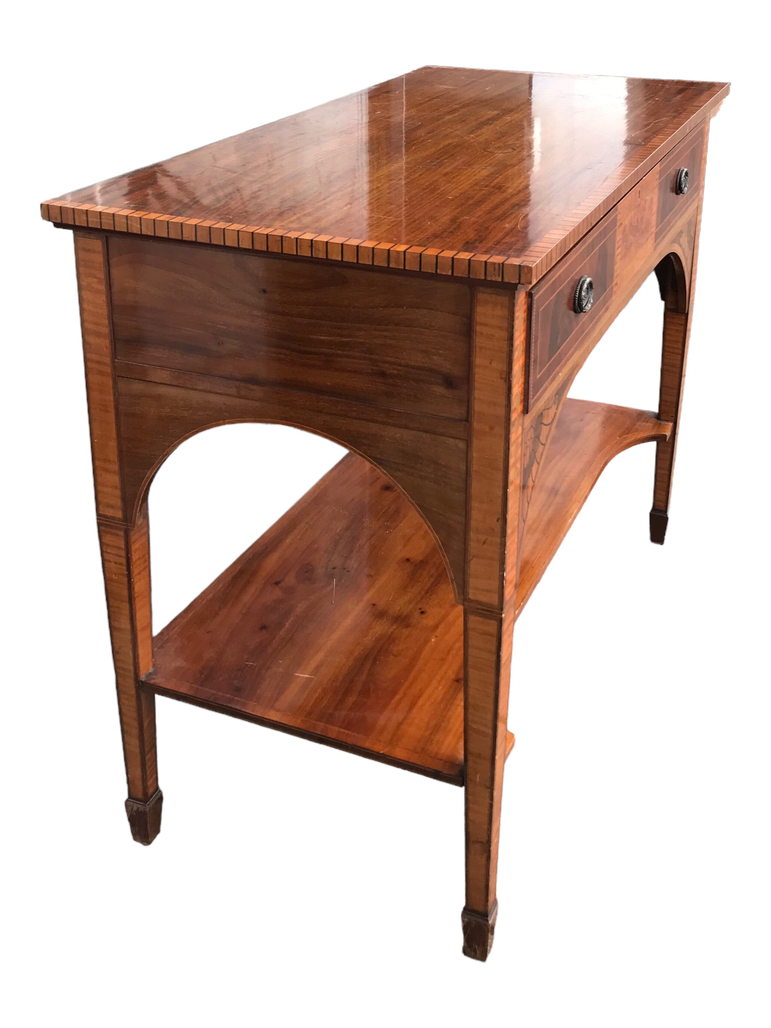 A 19TH CENTURY SHERATON REVIVAL MAHOGANY AND INLAY SERVING TABLE With a single drawer above a - Image 2 of 4