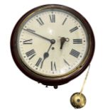 A 19TH CENTURY MAHOGANY SINGLE FUSÉE CIRCULAR WALL CLOCK WITH PENDULUM AND KEY. (dial 30cm,