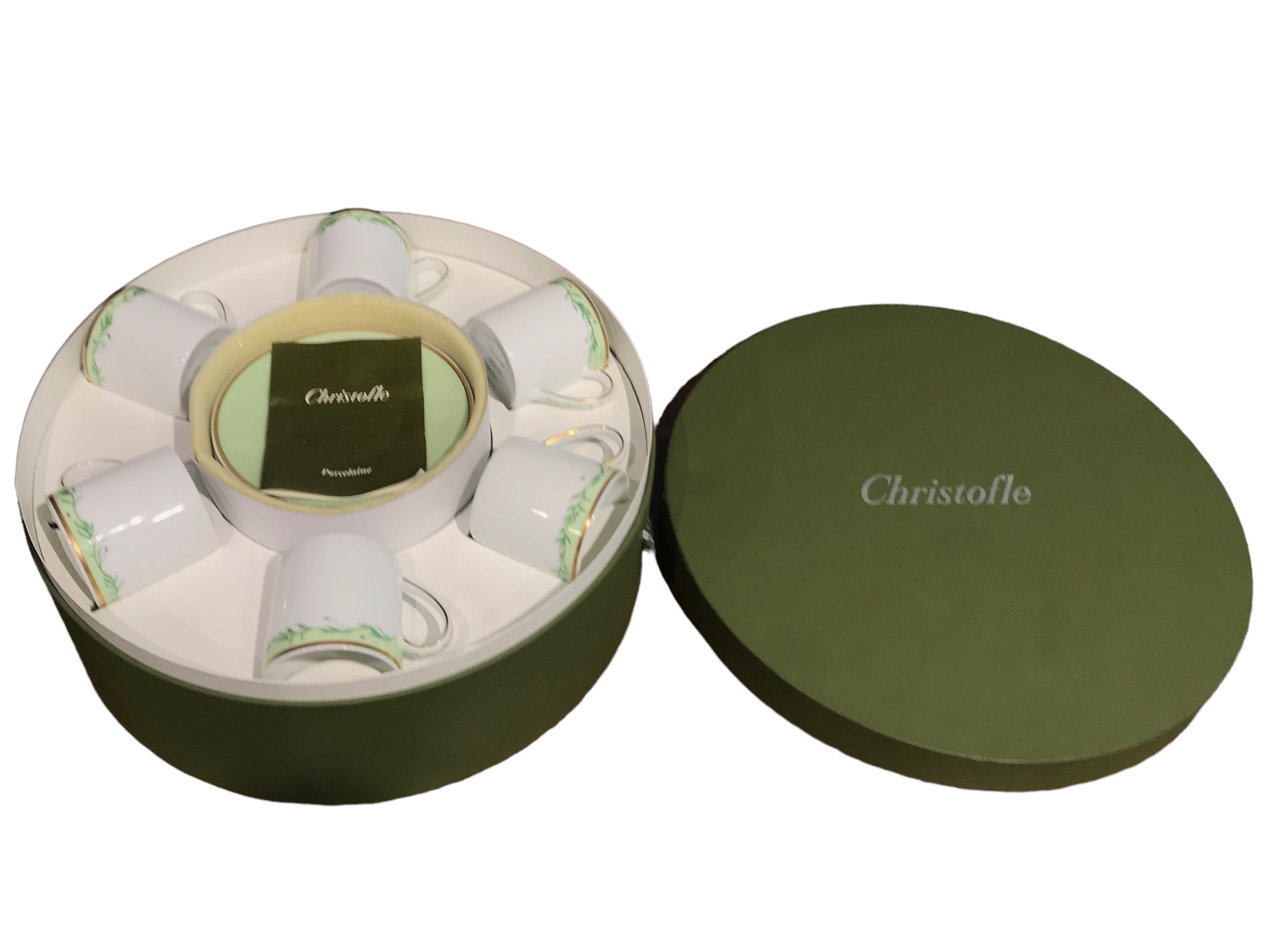 CHRISTOFLE, A FRENCH CASED SET OF SIX BAGATELLE PORCELAIN TEA CUPS AND SAUCERS.