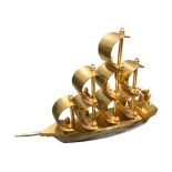 A 20TH CENTURY CONTEMPORARY GILT BOAT SCULPTURE ON LUCITE BASE. (h 19.5cm x w 26.5cm x depth 6.1cm)