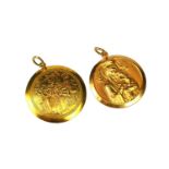 A YELLOW METAL PENDANT DEPICTING MADONNA AND CHILD, TOGETHER WITH ANOTHER PENDANT. (both tested