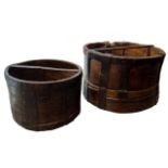 TWO 18TH CENTURY IRON BOUND GRAIN MEASURING BUCKETS With date stamps. (largest h 25.5cm x diameter