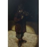 KEN MORONEY, 1949 - 2021, BRITISH, OIL ON BOARD Portrait of a clown playing a violin, signed lower