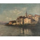GIOVANNI COLMO, ITALIAN, 1867 - 1947, 20TH CENTURY OIL ON BOARD Italian river landscape, with church