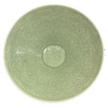 A 19TH CENTURY CHINESE CELADON FOOTED BOWL With incised floral underglaze decoration. (h 8.4cm x