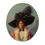 A LATE 19TH/EARLY 20TH CENTURY FRENCH OVAL OIL ON BOARD Portrait of an elegant lady wearing a