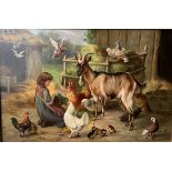 CIRCLE OF EDGAR HUNT, 1876 - 1955, OIL ON CANVAS Farmyard scene, young girl feeding poultry and a