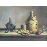 A 20TH CENTURY OIL ON CANVAS, STILL LIFE, DRINKING VESSEL ON A LEDGE Signed lower left, framed. (