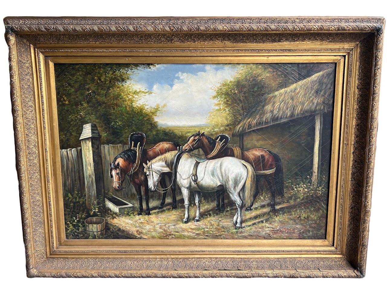 A LARGE OIL ON CANVAS, FARMYARD SCENE, THREE WORK HORSES AT TROUGH Framed. (sight 59.5cm x 90cm,