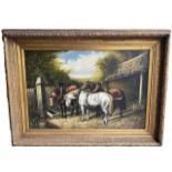 A LARGE OIL ON CANVAS, FARMYARD SCENE, THREE WORK HORSES AT TROUGH Framed. (sight 59.5cm x 90cm,