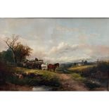 FOLLOWER OF JOHN CONSTABLE, A LARGE 19TH CENTURY OIL ON CANVAS River landscape, work horses