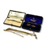 A 15CT GOLD, SAPPHIRE AND SEED PEARL BAR BROOCH, TOGETHER WITH A YELLOW METAL AND AMETHYST AND